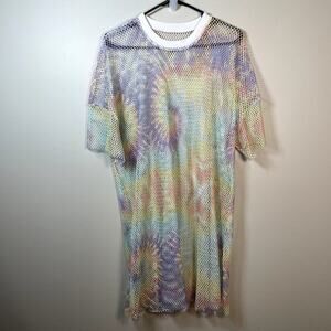 Womens Tie Dye Sheer Mesh Rainbow Oversized Stretchy Short Sleeve Coverup Tee